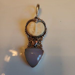 GODDESS FACE PENDANT 925 WITH LARGE CHALCEDONY & AMETHYST ACCENT STONES